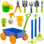 Pull along Kids Wagon Wheelbarrow and Gardening Tools Play Set Includes 10 Accessories and 4 Plant Pots